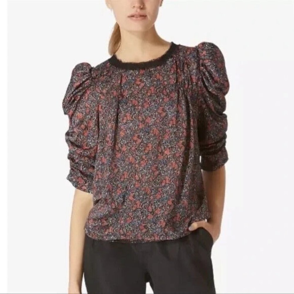 Avec Les Filles Top Medium Floral Orange Black Puff Shoulder Ruched Half Sleeve